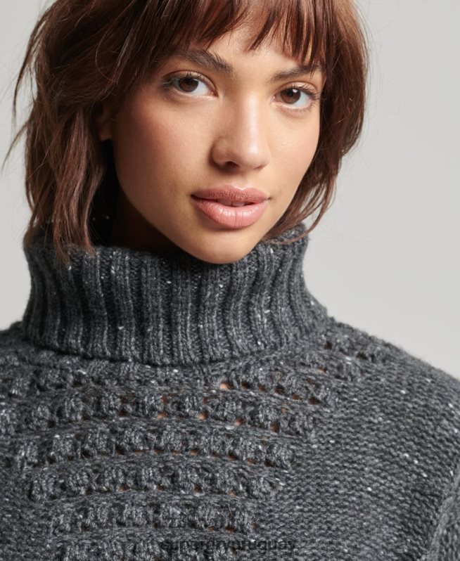 uy Superdry mujer jersey de ochos grueso con cuello vuelto gris DT2N8Z6614 ropa