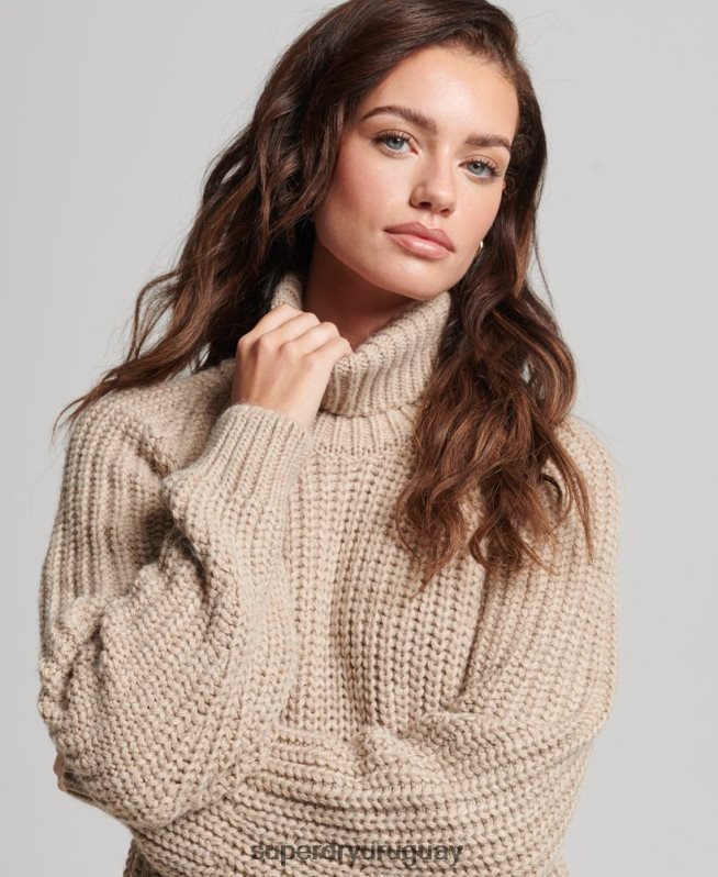 uy Superdry mujer jersey de punto con cuello vuelto y costuras holgadas beige DT2N8Z3986 ropa