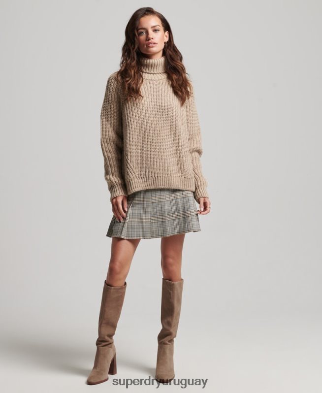 uy Superdry mujer jersey de punto con cuello vuelto y costuras holgadas beige DT2N8Z3986 ropa