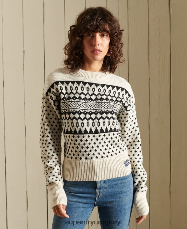 uy Superdry mujer suéter con cuello redondo estampado crema DT2N8Z4012 ropa