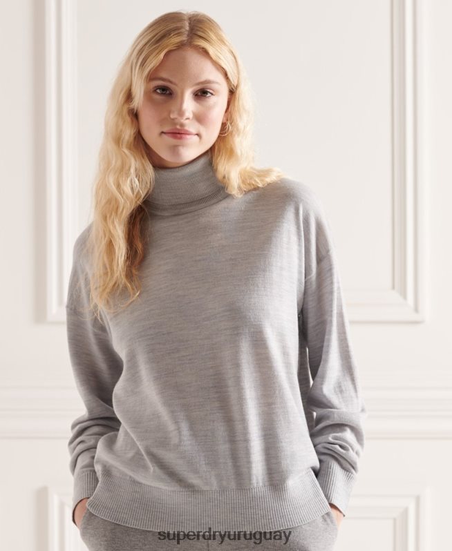 uy Superdry mujer suéter con cuello vuelto y hombros caídos de merino gris claro DT2N8Z6651 ropa