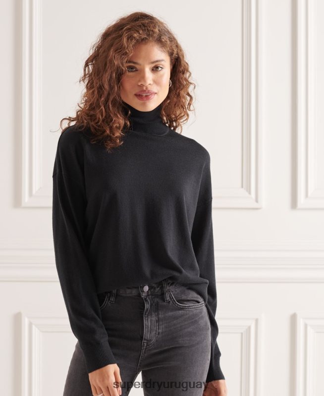 uy Superdry mujer suéter con cuello vuelto y hombros caídos de merino negro DT2N8Z4021 ropa