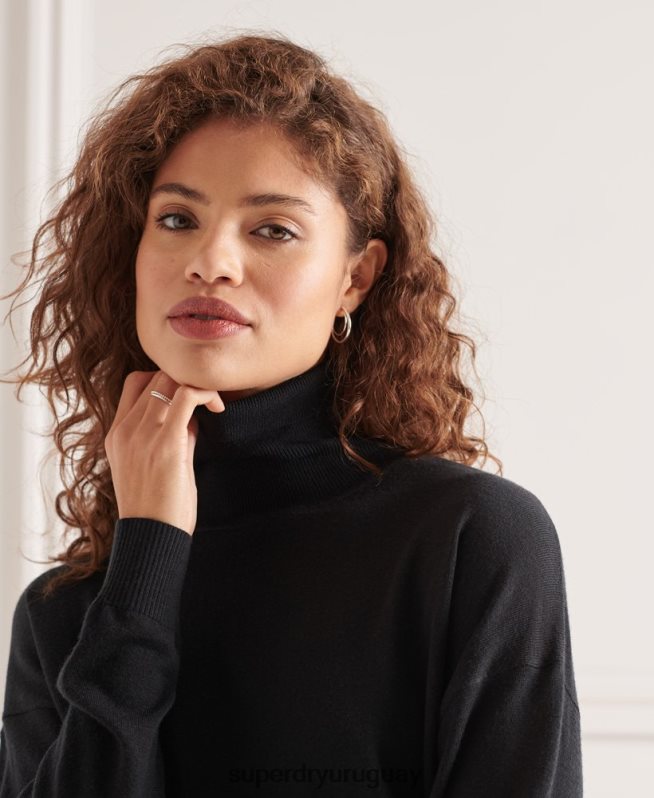 uy Superdry mujer suéter con cuello vuelto y hombros caídos de merino negro DT2N8Z4021 ropa