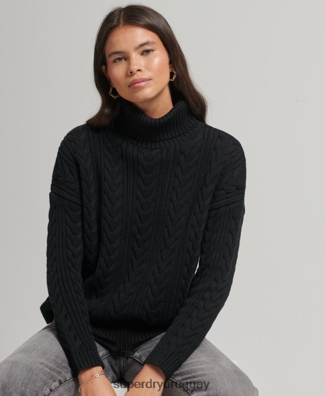 uy Superdry mujer suéter con hombros caídos y cuello vuelto negro DT2N8Z4001 ropa