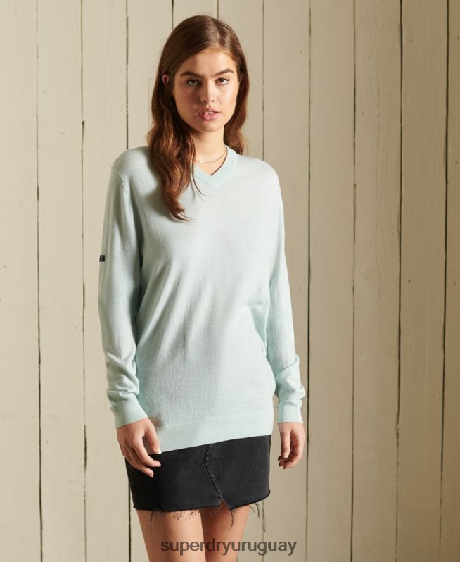 uy Superdry mujer suéter en V de corte holgado de lana merina de Studios verde DT2N8Z4034 ropa