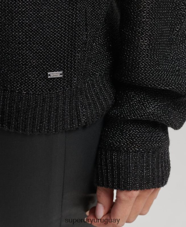 uy Superdry mujer suéter metalizado con cuello redondo negro DT2N8Z4027 ropa