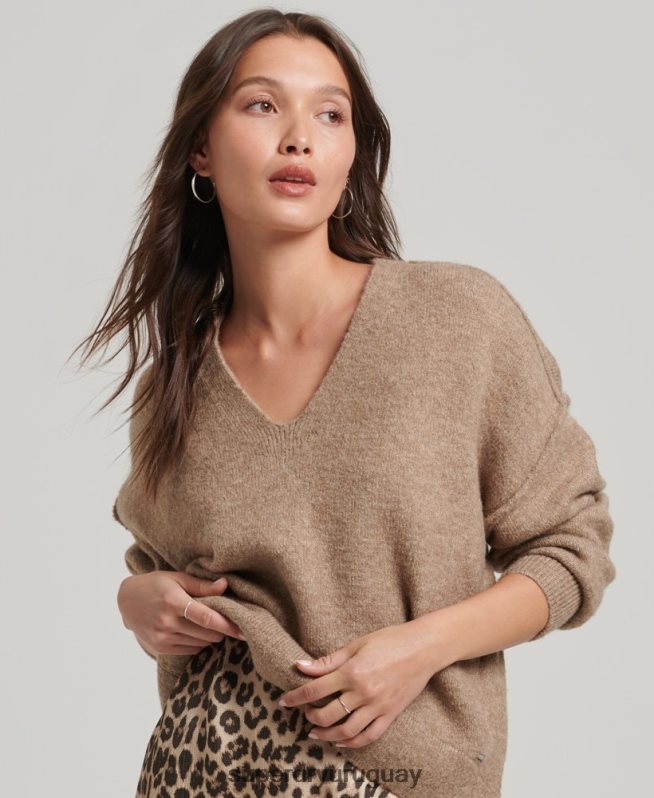 uy Superdry mujer suéter oversize con cuello en V beige DT2N8Z3958 ropa