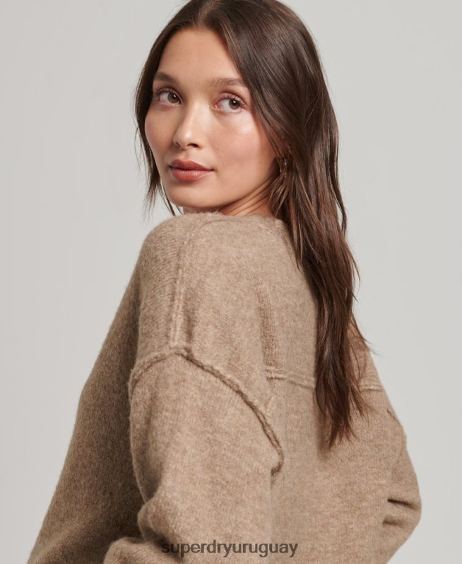 uy Superdry mujer suéter oversize con cuello en V beige DT2N8Z3958 ropa