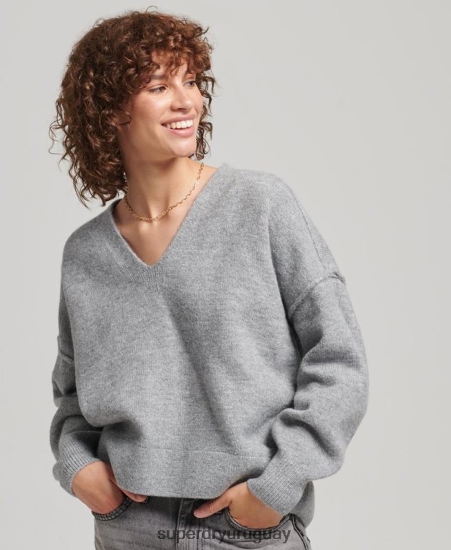 uy Superdry mujer suéter oversize con cuello en V gris claro DT2N8Z3990 ropa
