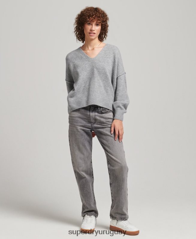 uy Superdry mujer suéter oversize con cuello en V gris claro DT2N8Z3990 ropa