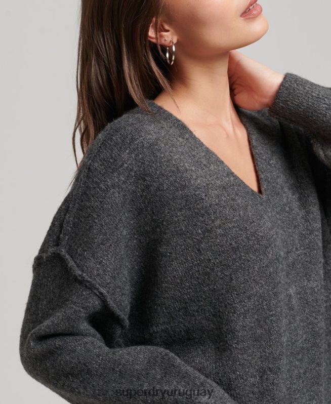 uy Superdry mujer suéter oversize con cuello en V gris oscuro DT2N8Z3982 ropa