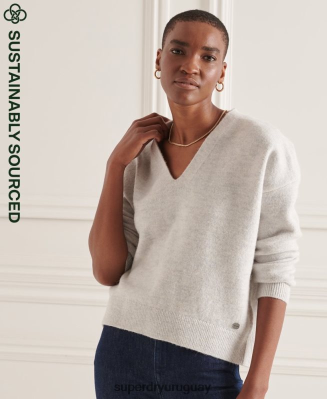 uy Superdry mujer suéter tejido con cuello en V holgado de Studios gris claro DT2N8Z4033 ropa