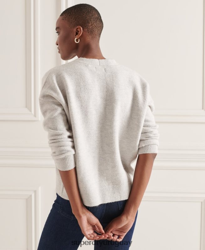 uy Superdry mujer suéter tejido con cuello en V holgado de Studios gris claro DT2N8Z4033 ropa
