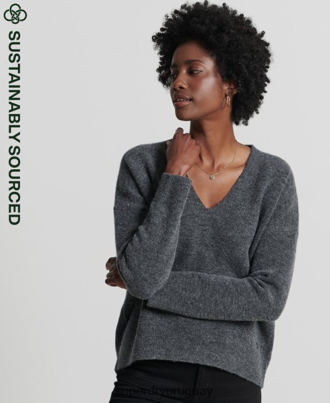 uy Superdry mujer suéter tejido con cuello en V holgado de Studios gris oscuro DT2N8Z3992 ropa