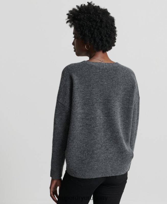 uy Superdry mujer suéter tejido con cuello en V holgado de Studios gris oscuro DT2N8Z3992 ropa