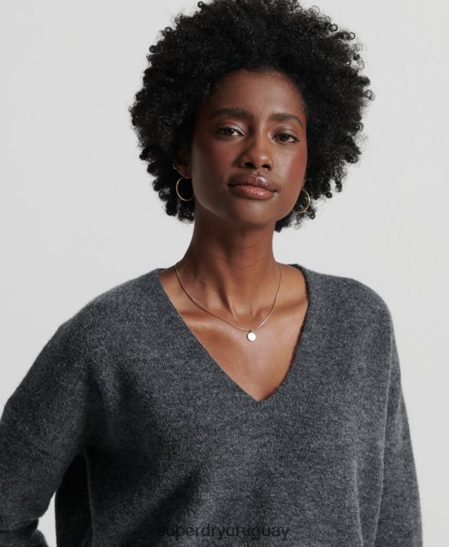 uy Superdry mujer suéter tejido con cuello en V holgado de Studios gris oscuro DT2N8Z3992 ropa