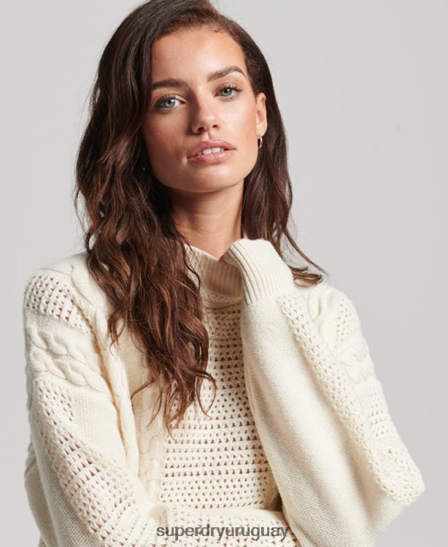 uy Superdry mujer suéter tejido con cuello redondo blanco DT2N8Z6535 ropa
