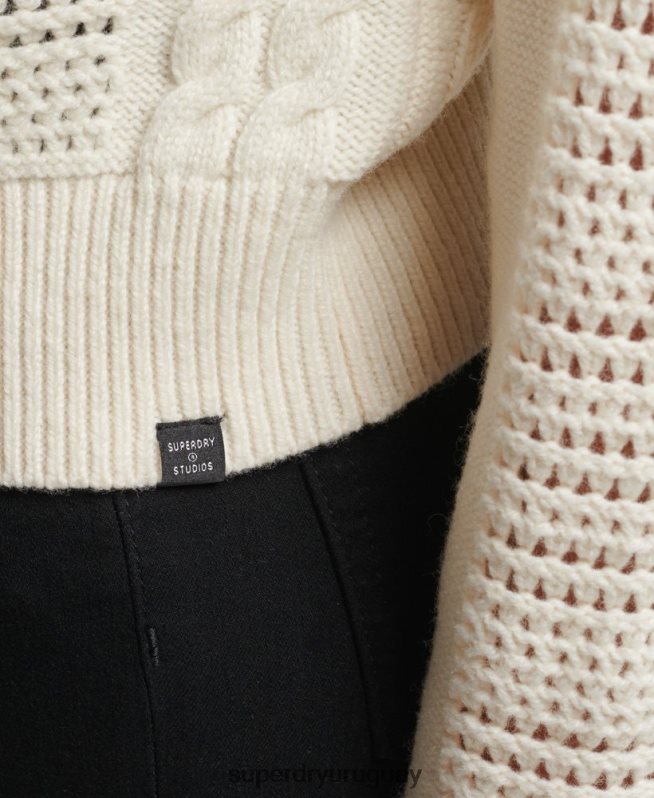 uy Superdry mujer suéter tejido con cuello redondo blanco DT2N8Z6535 ropa