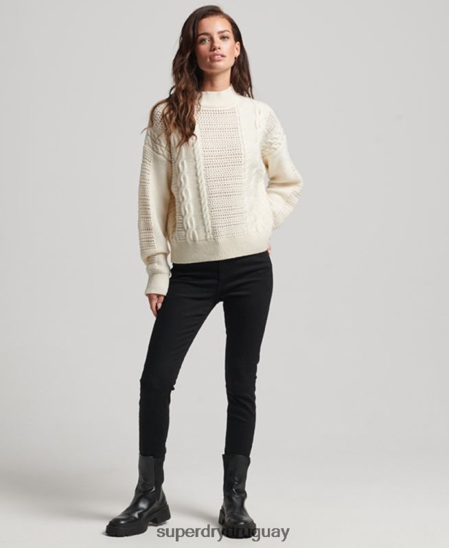 uy Superdry mujer suéter tejido con cuello redondo blanco DT2N8Z6535 ropa
