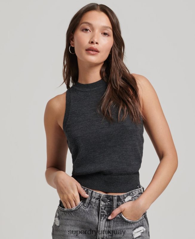 uy Superdry mujer top de punto con cuello redondo en merino gris oscuro DT2N8Z2976 ropa