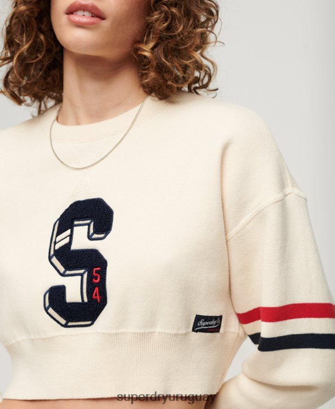 uy Superdry mujer suéter corto con cuello redondo Varsity blanco DT2N8Z3954 ropa