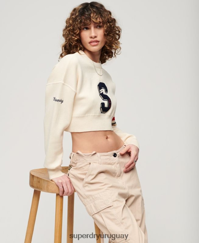 uy Superdry mujer suéter corto con cuello redondo Varsity blanco DT2N8Z3954 ropa