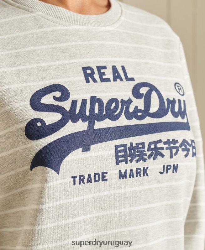 uy Superdry mujer sudadera a rayas con logo vintage gris DT2N8Z6135 ropa