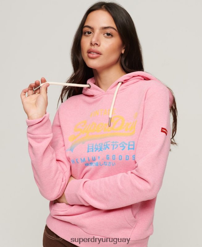 uy Superdry mujer sudadera con capucha desteñida premium con logo vintage rosa DT2N8Z3326 ropa