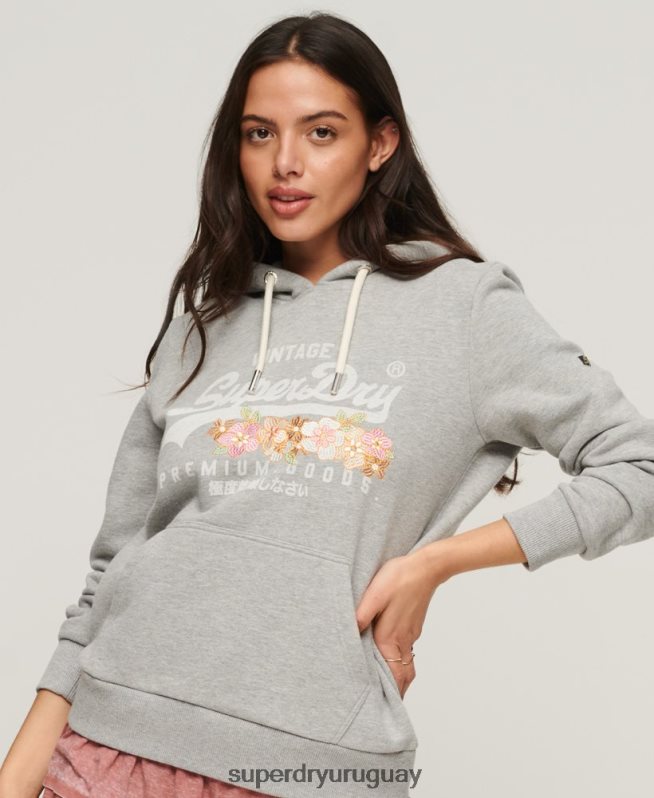 uy Superdry mujer sudadera con capucha floral de productos premium con logo vintage gris claro DT2N8Z3370 ropa