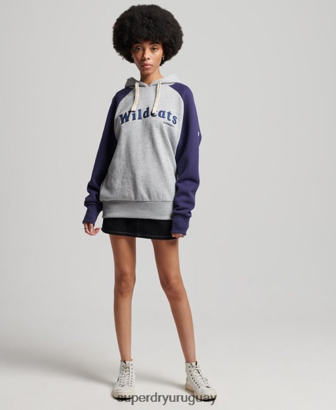 uy Superdry mujer sudadera con capucha raglán colegial vintage gris DT2N8Z5778 ropa