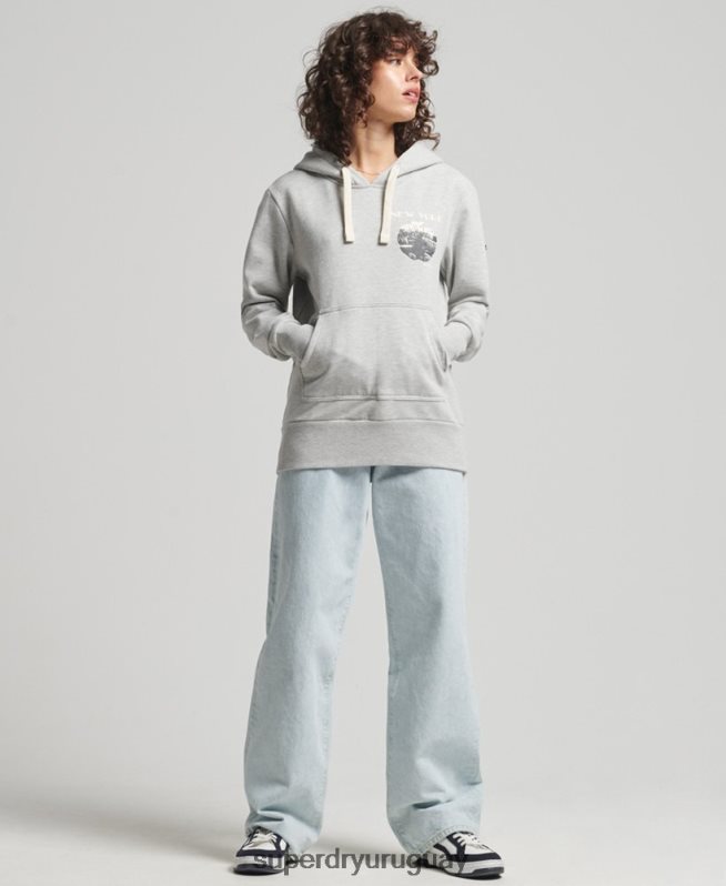 uy Superdry mujer sudadera con capucha vintage de líneas cruzadas gris claro DT2N8Z6063 ropa