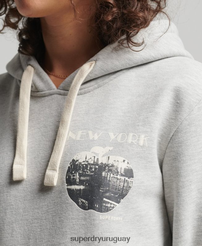 uy Superdry mujer sudadera con capucha vintage de líneas cruzadas gris claro DT2N8Z6063 ropa