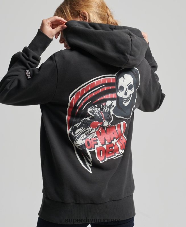uy Superdry mujer sudadera con capucha vintage de líneas cruzadas gris oscuro DT2N8Z3447 ropa
