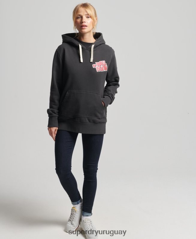 uy Superdry mujer sudadera con capucha vintage de líneas cruzadas gris oscuro DT2N8Z3447 ropa