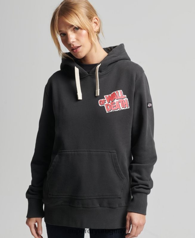 uy Superdry mujer sudadera con capucha vintage de líneas cruzadas gris oscuro DT2N8Z3447 ropa