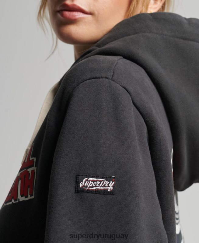 uy Superdry mujer sudadera con capucha vintage de líneas cruzadas gris oscuro DT2N8Z3447 ropa