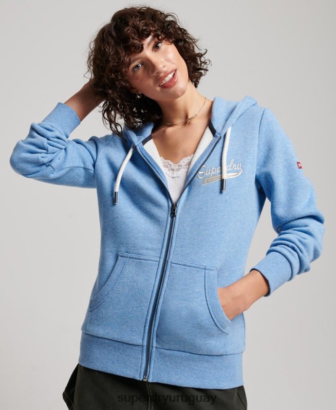 uy Superdry mujer sudadera con capucha y cremallera con texto vintage azul DT2N8Z2289 ropa