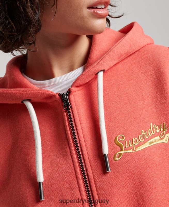 uy Superdry mujer sudadera con capucha y cremallera con texto vintage coral DT2N8Z3374 ropa