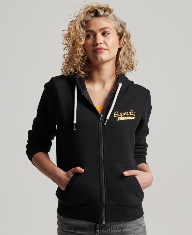 uy Superdry mujer sudadera con capucha y cremallera con texto vintage negro DT2N8Z2293 ropa