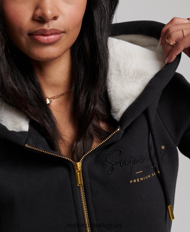 uy Superdry mujer sudadera con capucha y logo bordado negro DT2N8Z6100 ropa