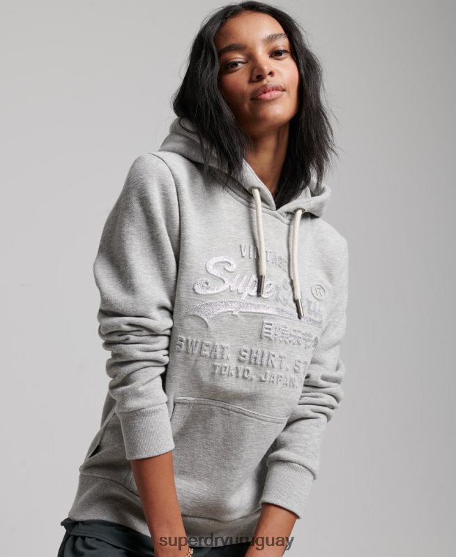 uy Superdry mujer sudadera con capucha y logo gráfico en relieve gris DT2N8Z3278 ropa
