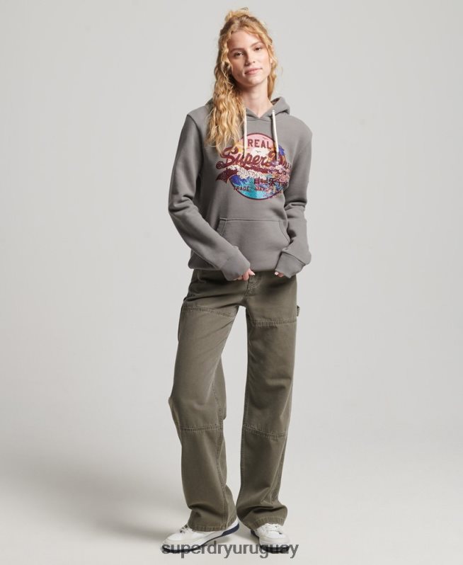 uy Superdry mujer sudadera con capucha y logo gráfico japonés gris DT2N8Z5753 ropa