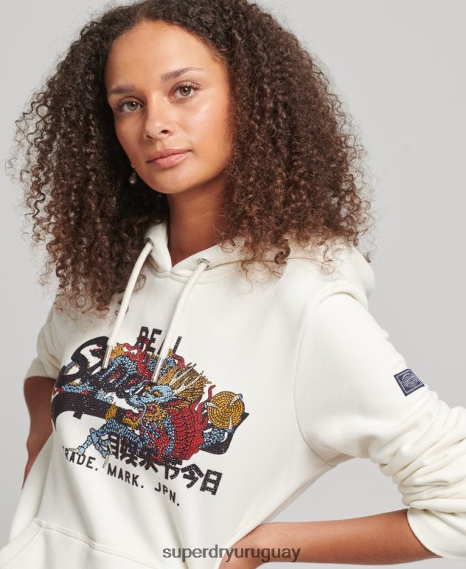 uy Superdry mujer sudadera con capucha y logo vintage con strass crema DT2N8Z6083 ropa