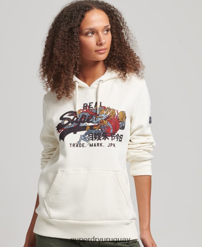 uy Superdry mujer sudadera con capucha y logo vintage con strass crema DT2N8Z6083 ropa