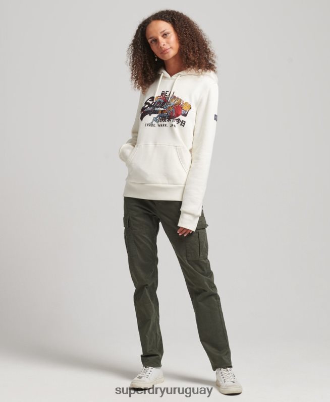 uy Superdry mujer sudadera con capucha y logo vintage con strass crema DT2N8Z6083 ropa
