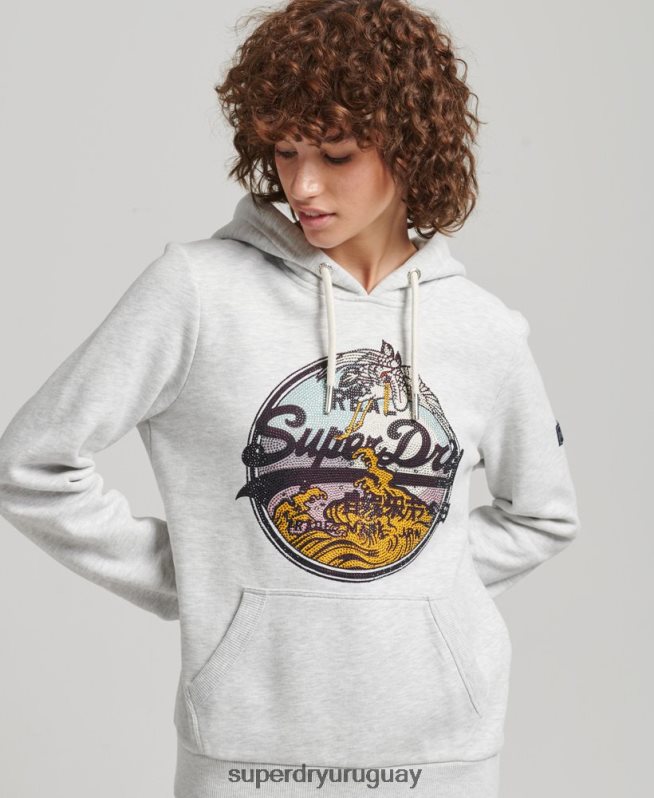 uy Superdry mujer sudadera con capucha y logo vintage con strass gris claro DT2N8Z5863 ropa