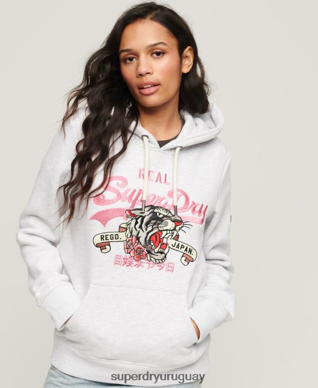 uy Superdry mujer sudadera con capucha y logo vintage gris claro DT2N8Z2108 ropa