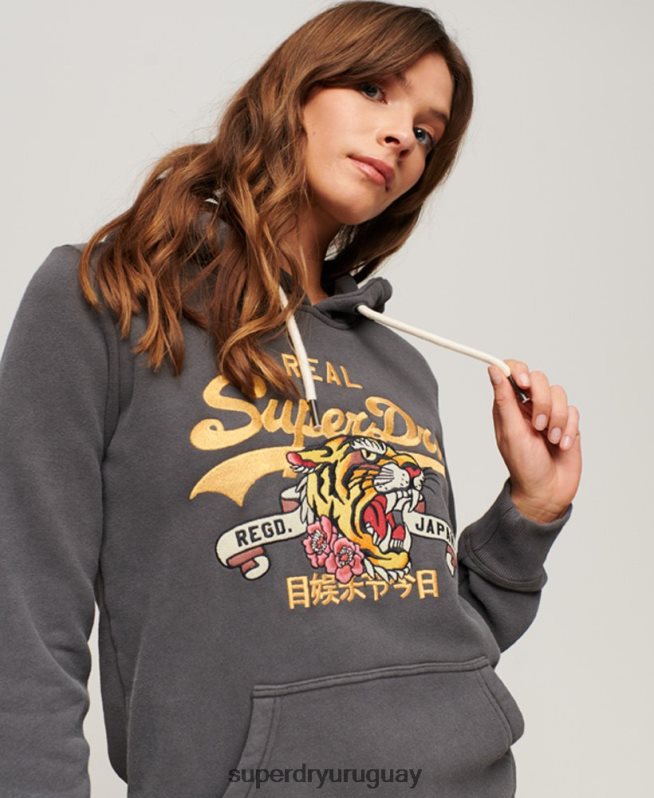 uy Superdry mujer sudadera con capucha y logo vintage gris oscuro DT2N8Z2128 ropa