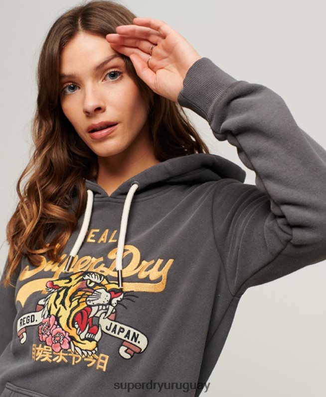 uy Superdry mujer sudadera con capucha y logo vintage gris oscuro DT2N8Z2128 ropa
