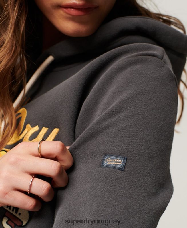 uy Superdry mujer sudadera con capucha y logo vintage gris oscuro DT2N8Z2128 ropa